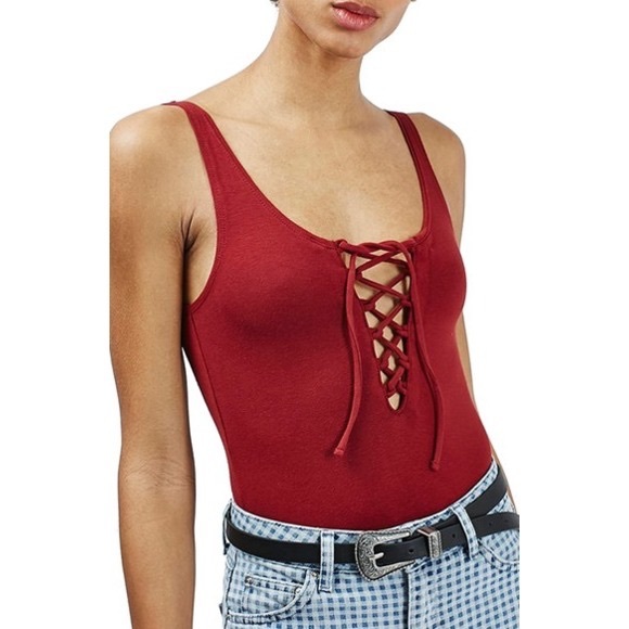 Topshop Tops - Topshop • Red Lace Up Tie Front Bodysuit Top